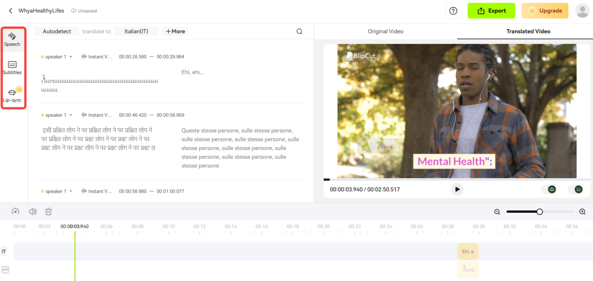 Edit subtitles and enable lip-sync for smoother translated playback in BlipCut
