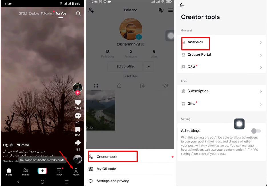 Image showing how to view analytics on TikTok