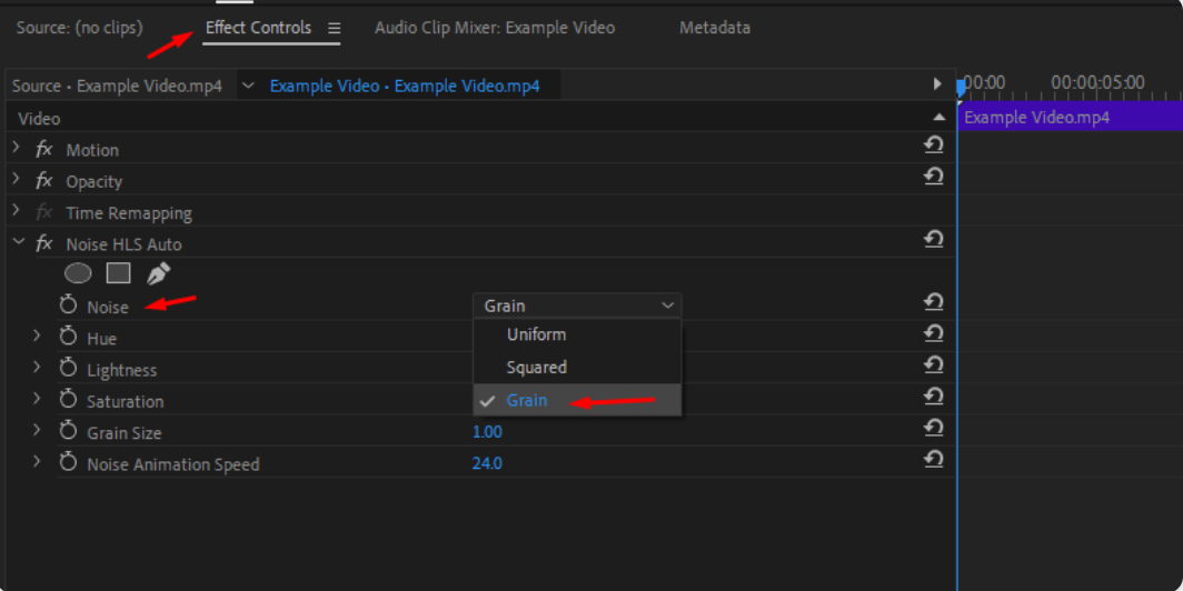 Using the noise effect to create a film grain in Adobe Premiere Pro