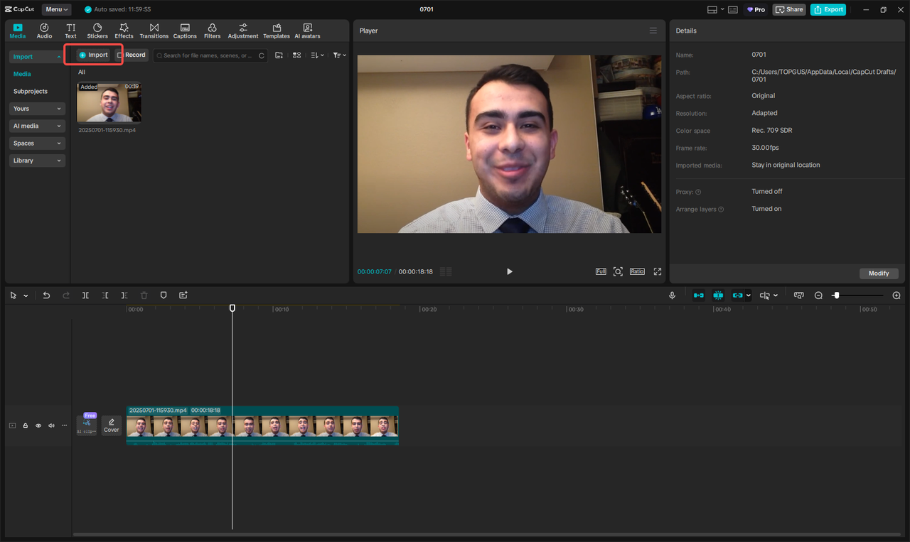Launch CapCut and upload your introduction video