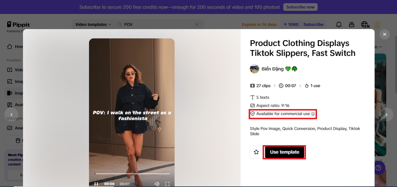 Video template with "available for commercial use" badge and Use template button