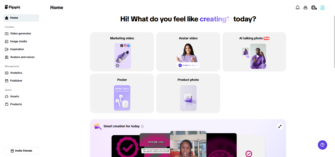 Página inicial do Pippit AI