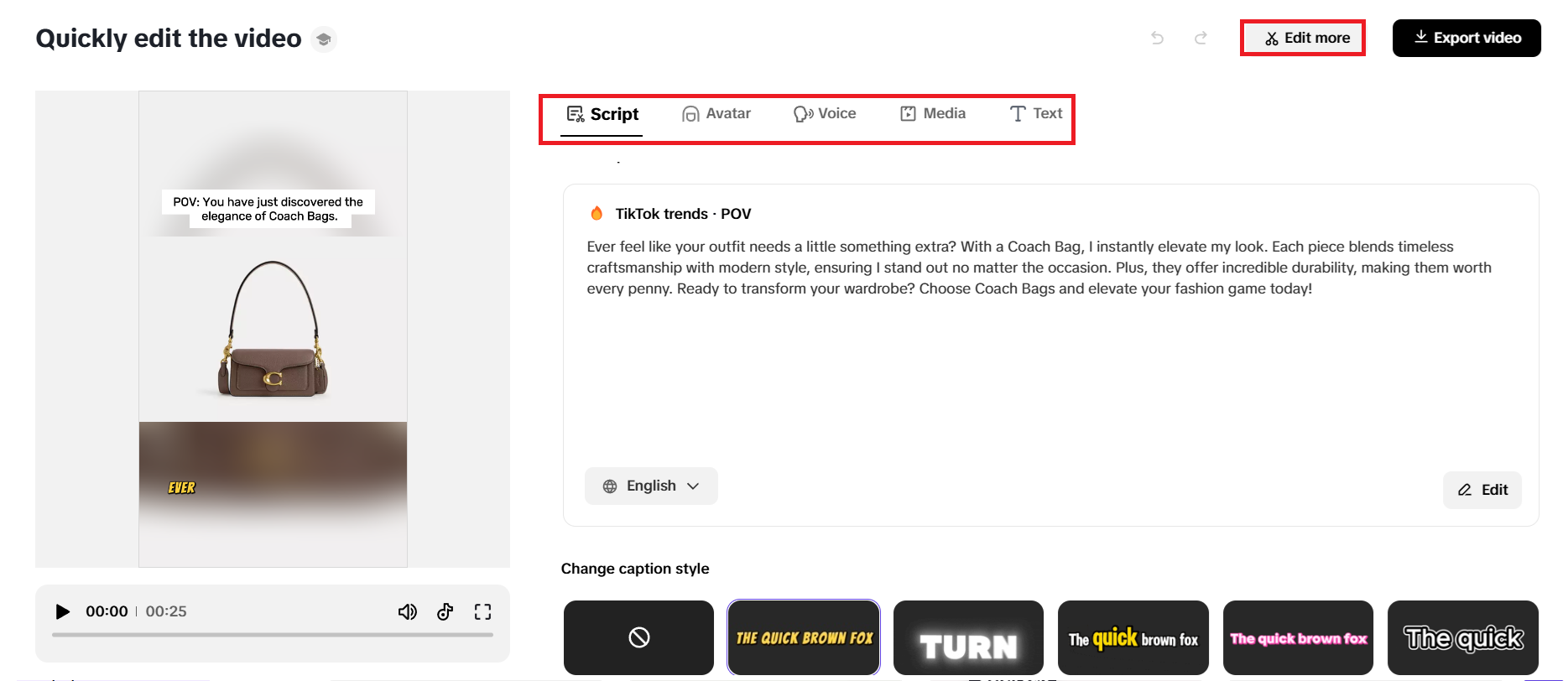 Quick editing options