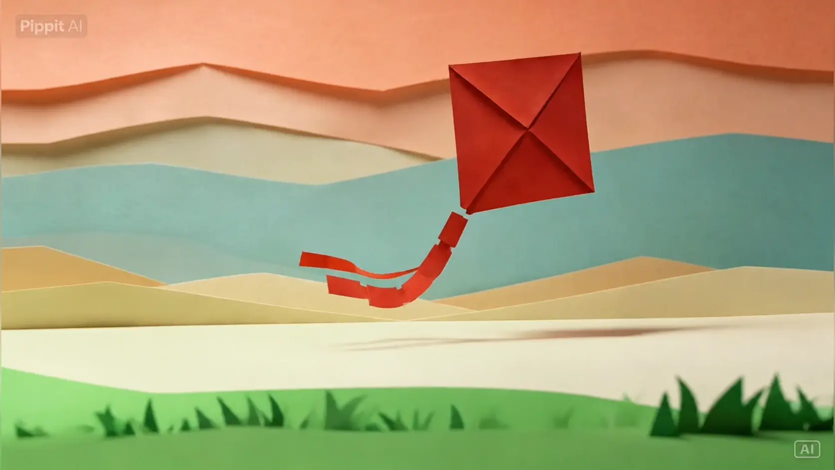 Red kite flying over layered pastel hills and green grass
