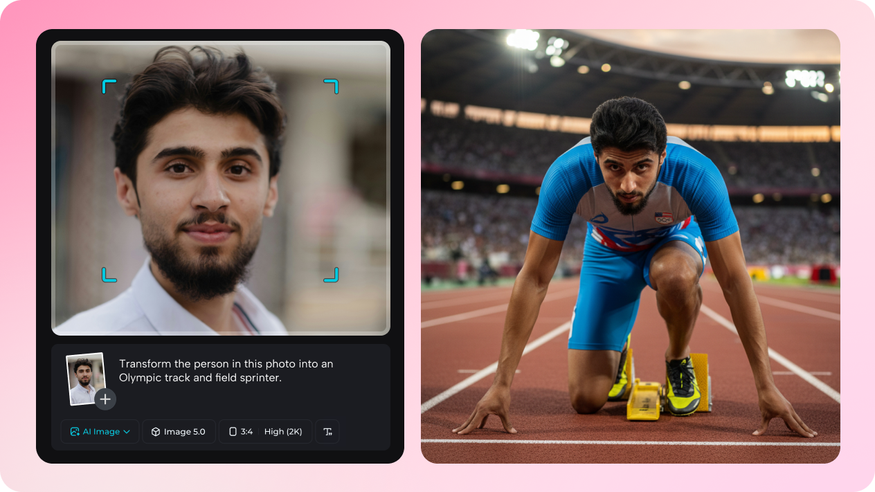 AI Olympics filter turning selfie into a realistic athlete portrait