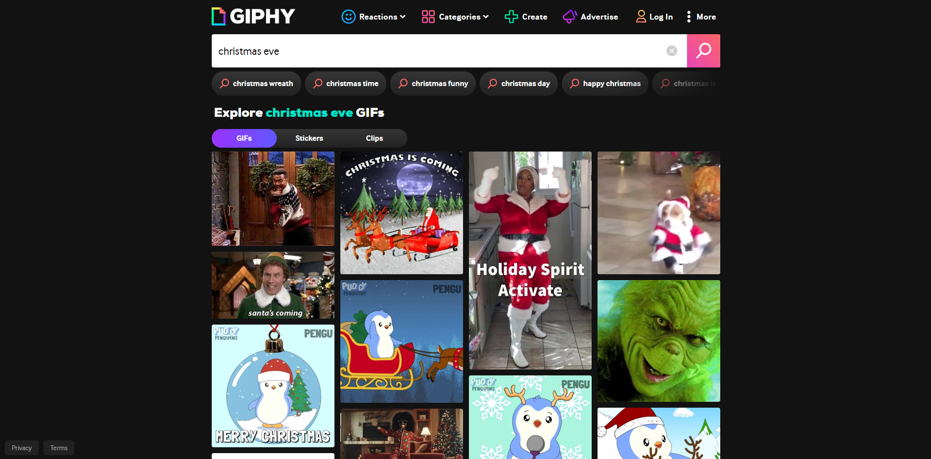 Interface of GIPHY - platform with animated Christmas Eve memes
