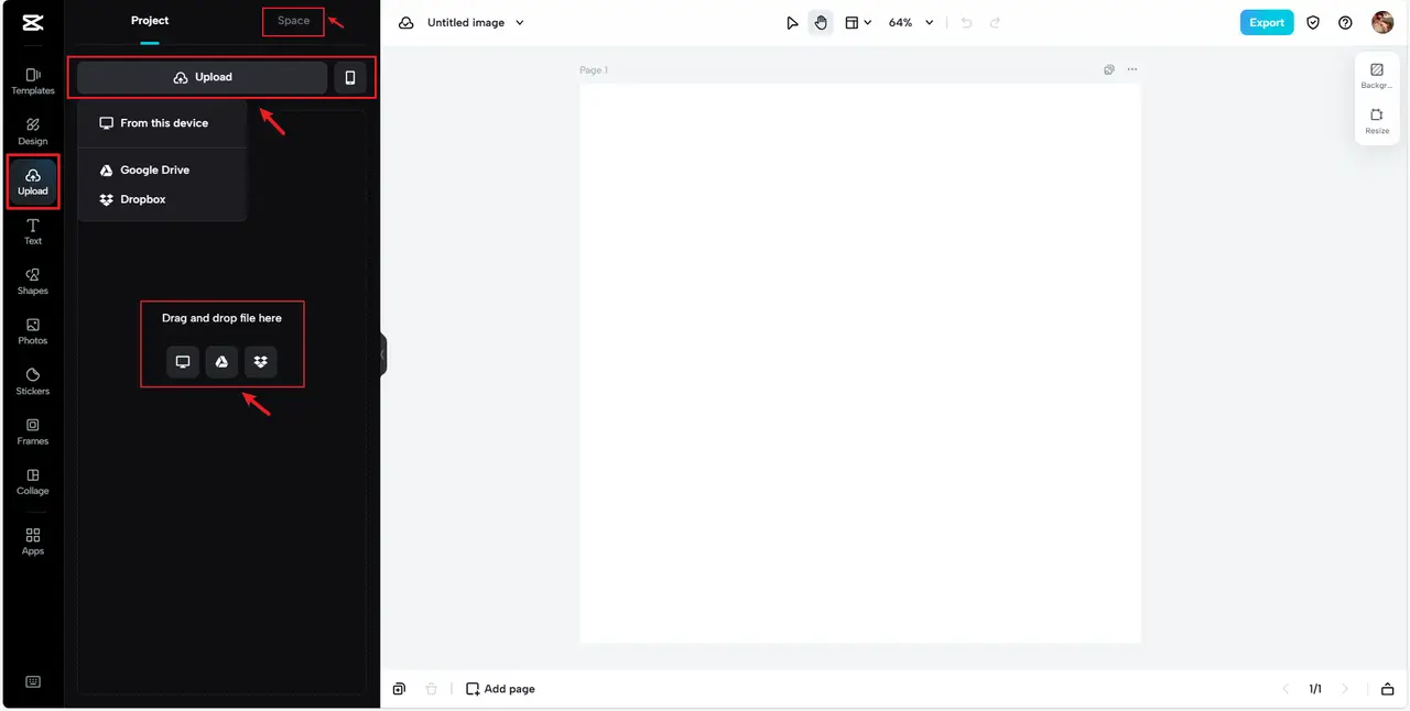 Importing images via the upload panel in CapCut to learn how to crop screenshot on mac