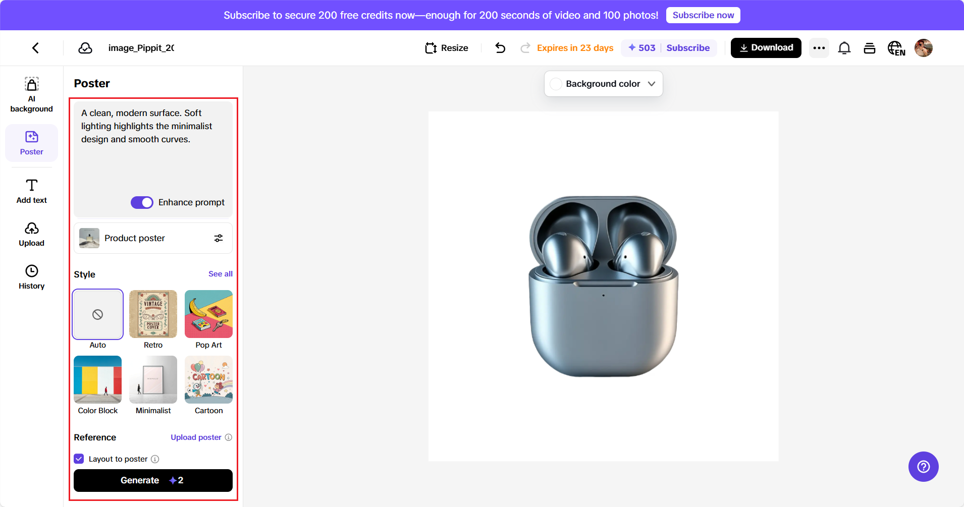 Criando cartaz de produto no Pippit