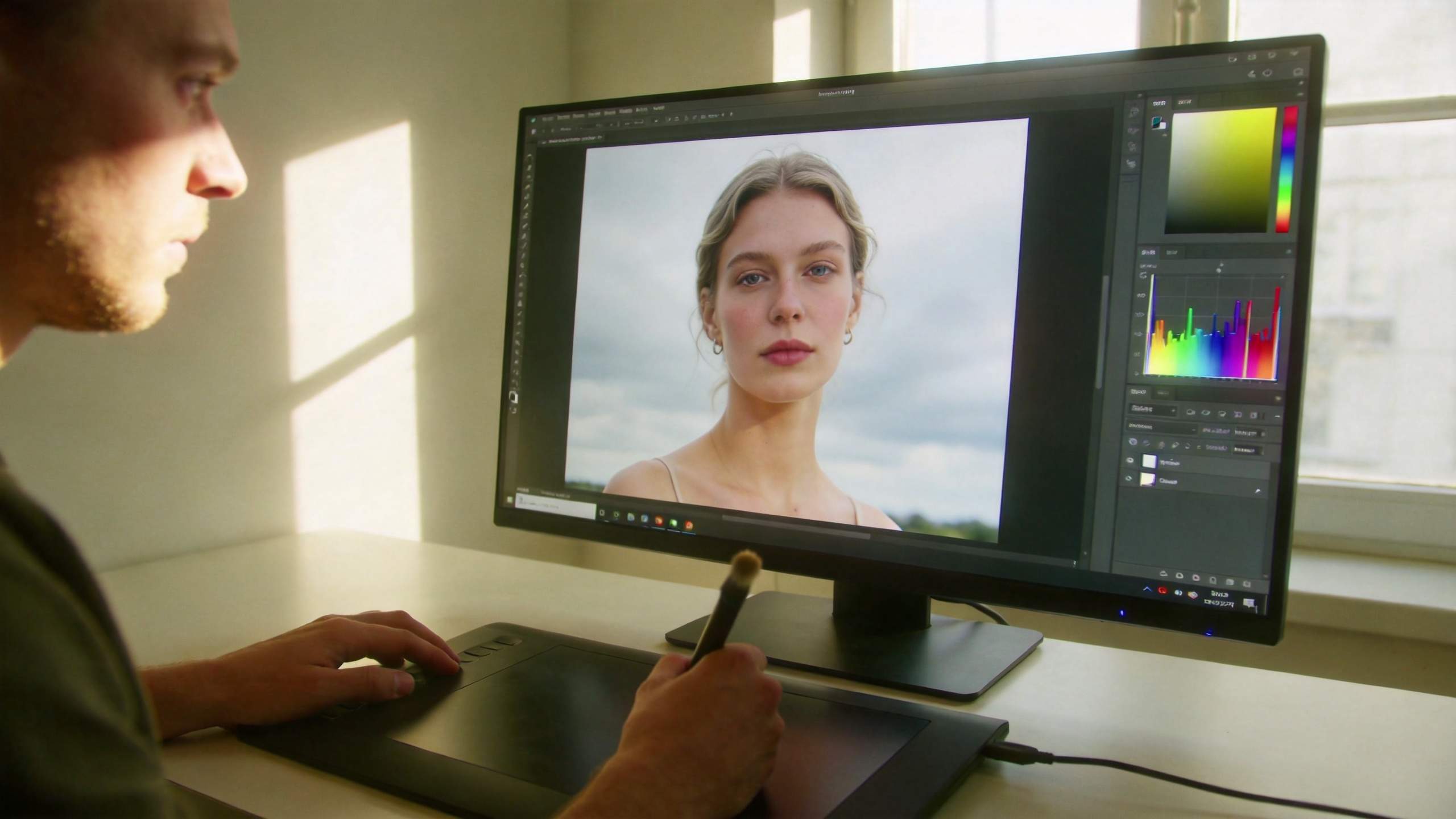 Person editing a portrait photo on a desktop monitor with color and histogram panels visible