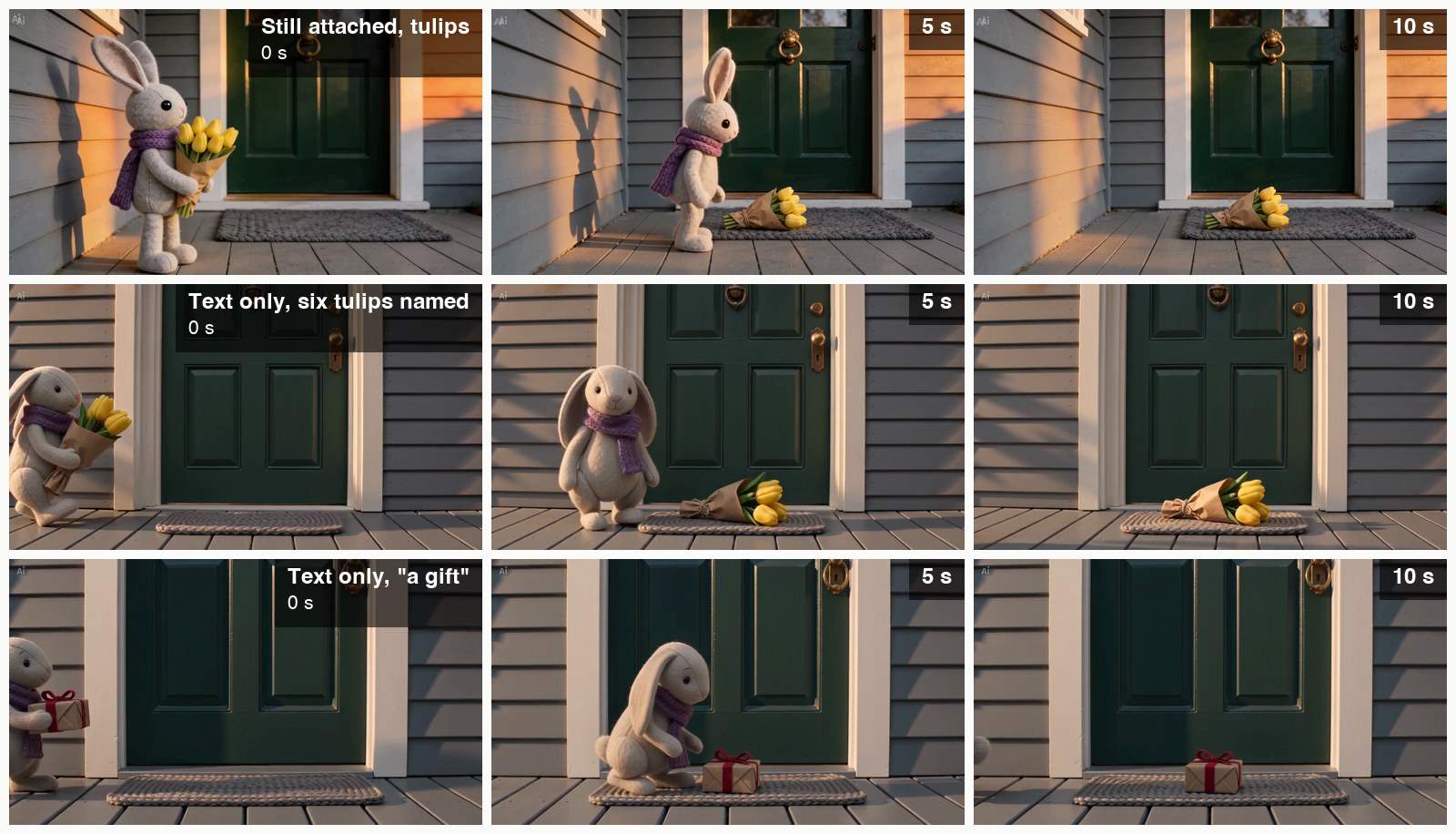 Nine frames in three rows, at 0, 5 and 10 seconds. Row one, the tulip clip made with a still: an upright-eared doll holds tulips at the left, stands beside a bouquet lying on the mat, and the bouquet lies alone on the mat. Row two, text only with six tulips named: a doll with drooping ears walks in from the left edge with yellow tulips, stands beside a bouquet lying on the mat, and the bouquet lies alone. Row three, text only with a gift: the doll walks in from the left edge with a small brown parcel tied in red, stands over it on the mat, and the parcel sits alone.