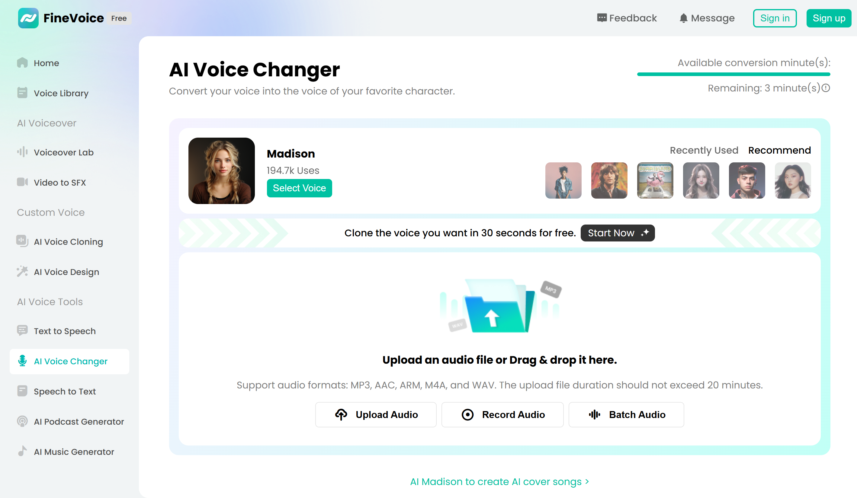 Інтерфейс FineVoice - простий у використанні безкоштовний онлайн-перетворювач голосу
