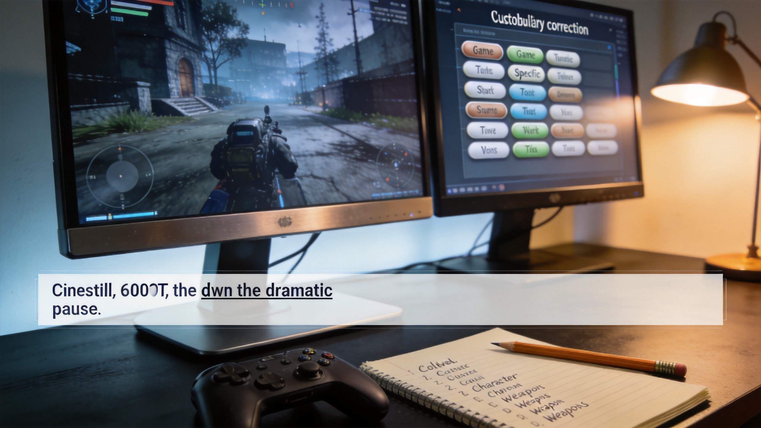 Dual monitors show a game on one screen and editing text on the other beside a controller and notebook
