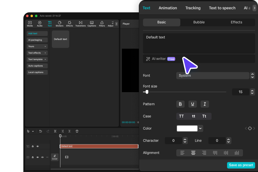 Selecting "default text" and opening the AI writer in CapCut