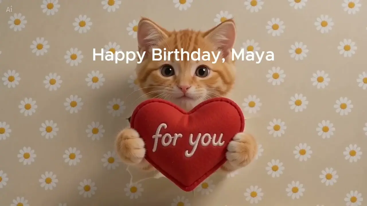 Orange kitten holding a red heart pillow that says for you, with Happy Birthday, Maya text above