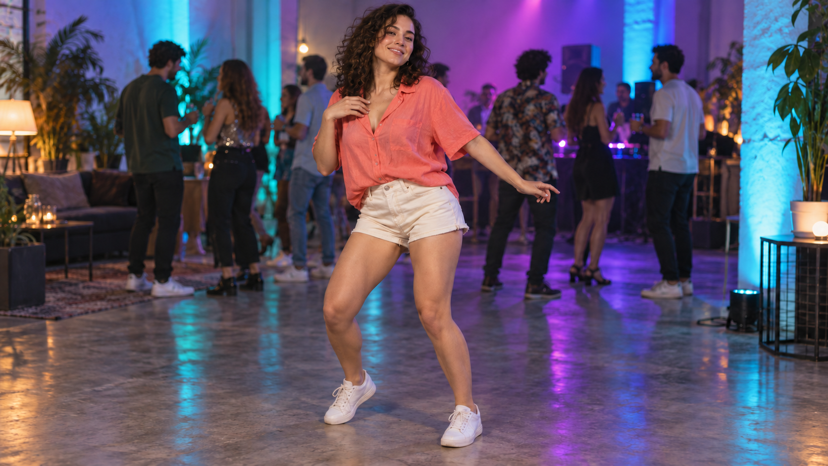 Bailarina adulta con camisa coral y pantalones cortos crema en una fiesta verde azulado-morado