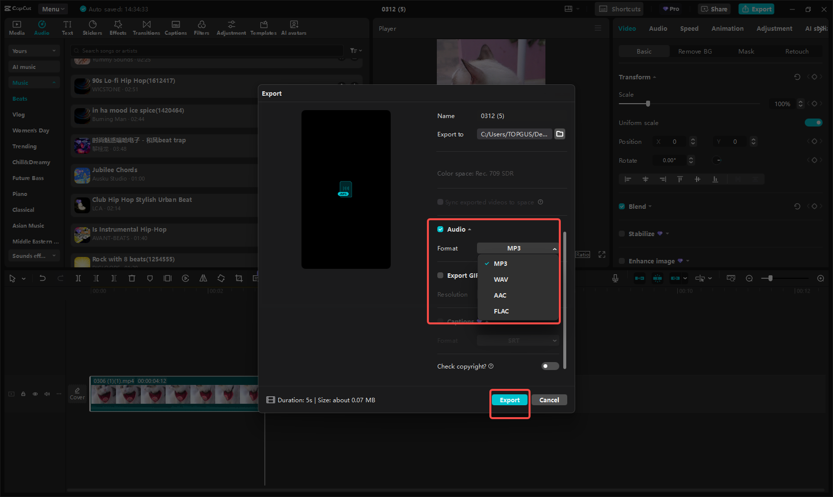 Az Instagram Reel audio exportálása a CapCut-ban