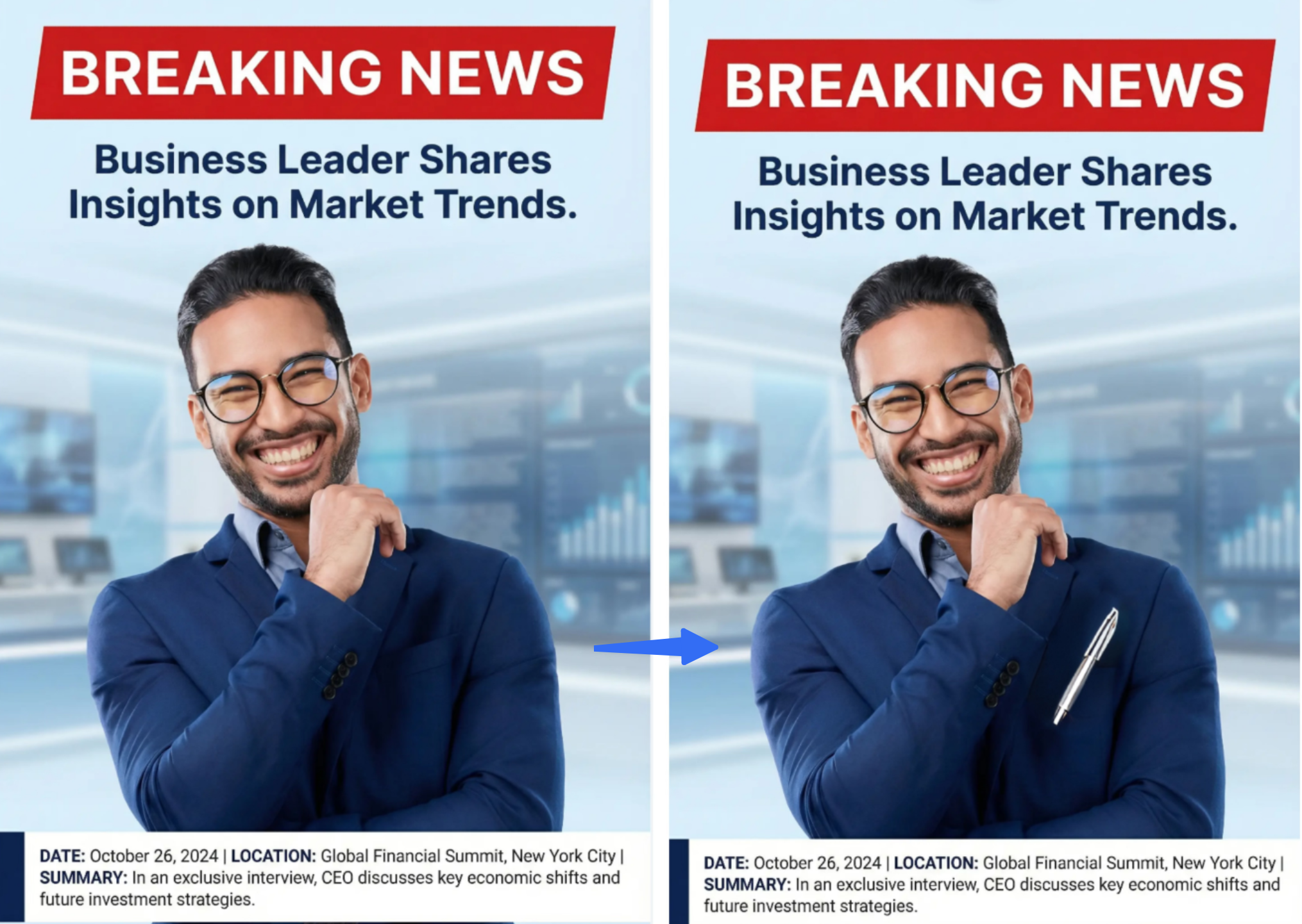 การแก้ไข AI แบบโต้ตอบตามข้อความพร้อมท์เพื่อปรับแต่งการออกแบบโปสเตอร์ข่าวด่วน