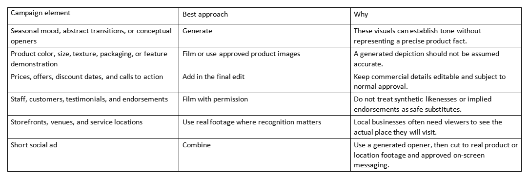 Table showing campaign elements, best approach, and reasons for each