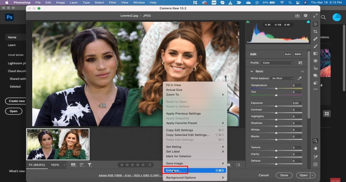 Access the Enhance feature to enhance the resolution in Photoshop
