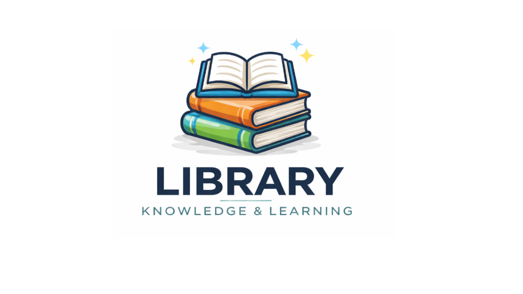 Library logo with stacked books and an open book