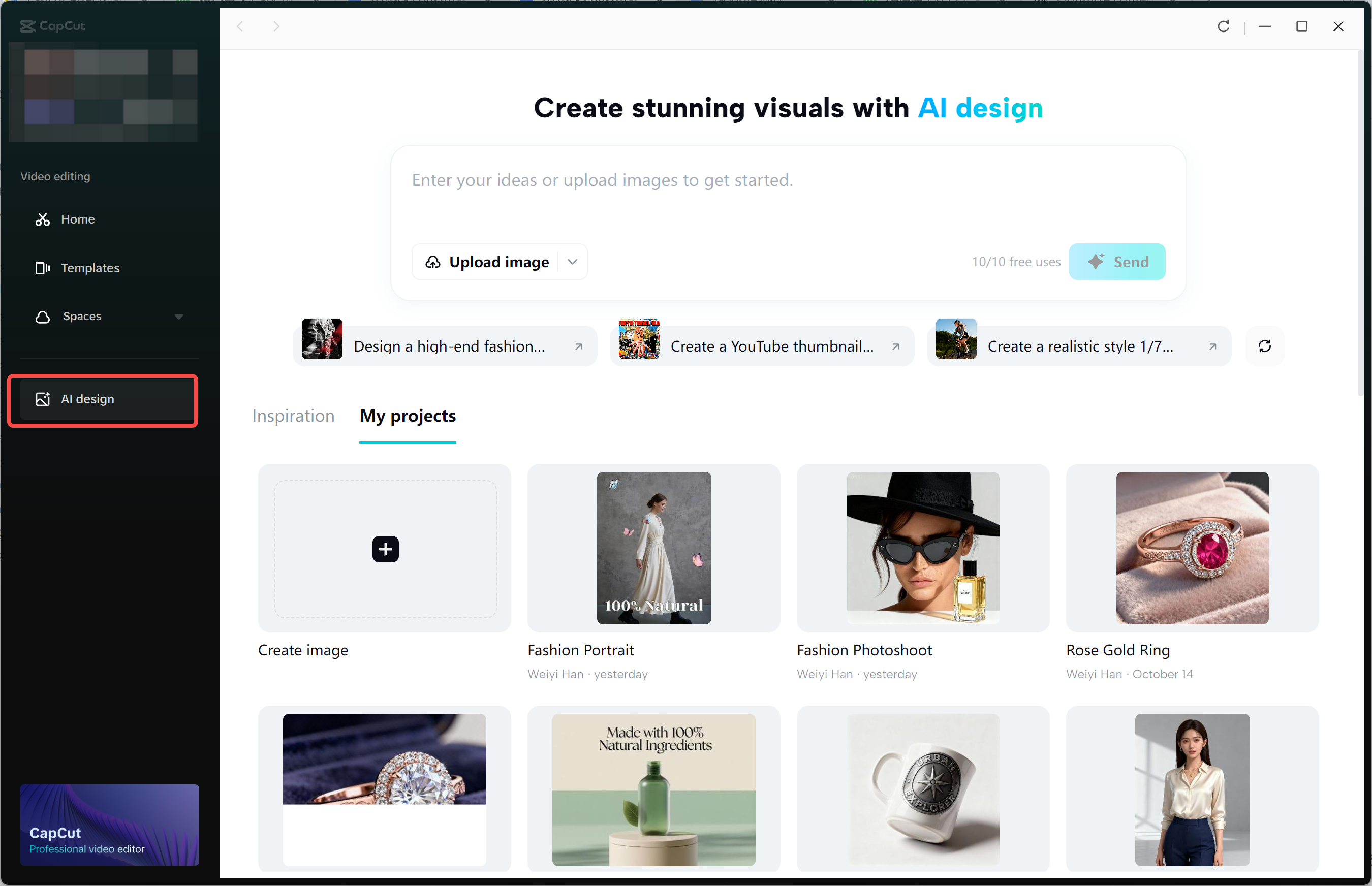 Accessing the AI design tool in the CapCut desktop video editor