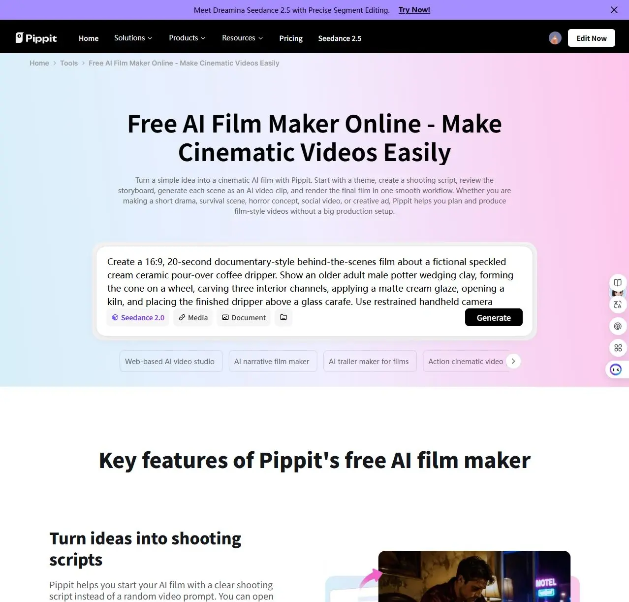 Webová stránka Pippit AI film makeru s velkým polem pro zadání a tlačítkem Generovat