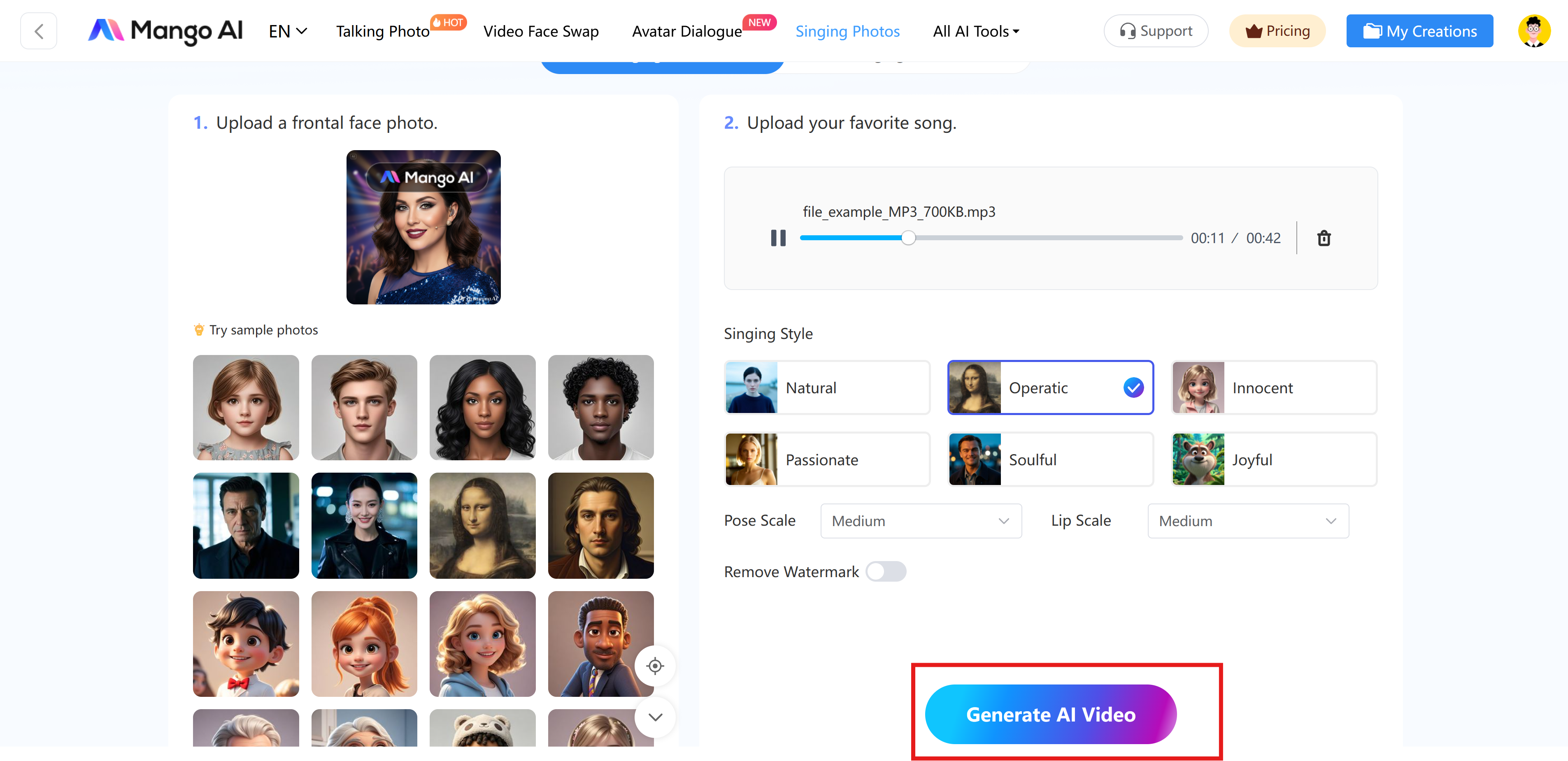 使用Mango AI的臉部唱歌化身
