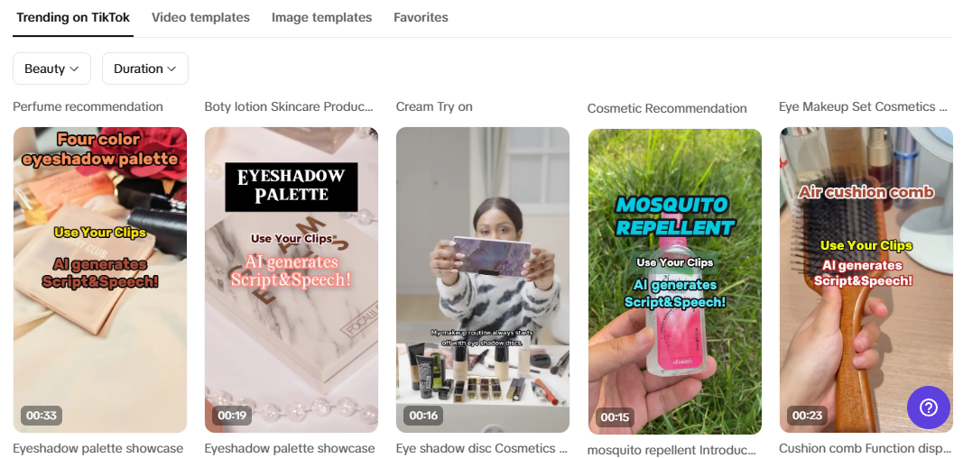 TikTok-Trend-Video-Vorlagen, die Schönheitsprodukte präsentieren, KI-generierte Skripts und Sprache für die Erstellung von Marketinginhalten.
