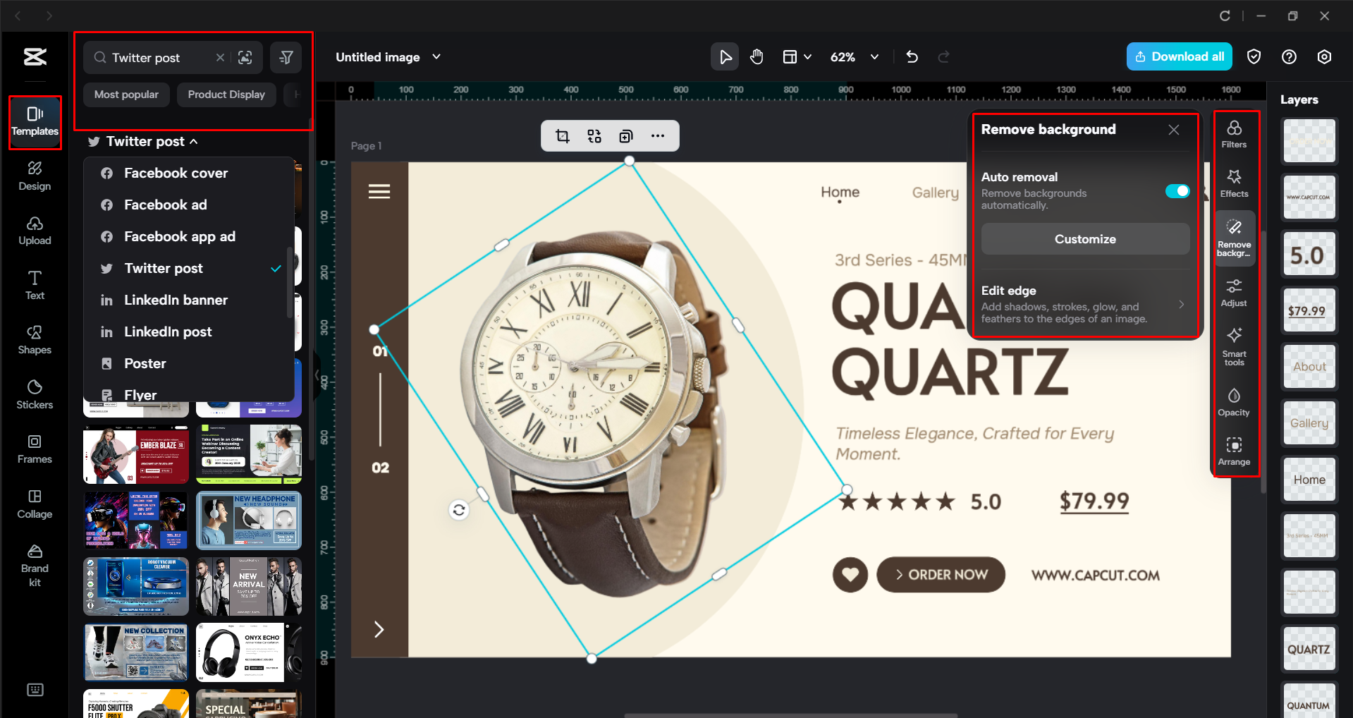 Editing the Twitter post template in the CapCut desktop video editor