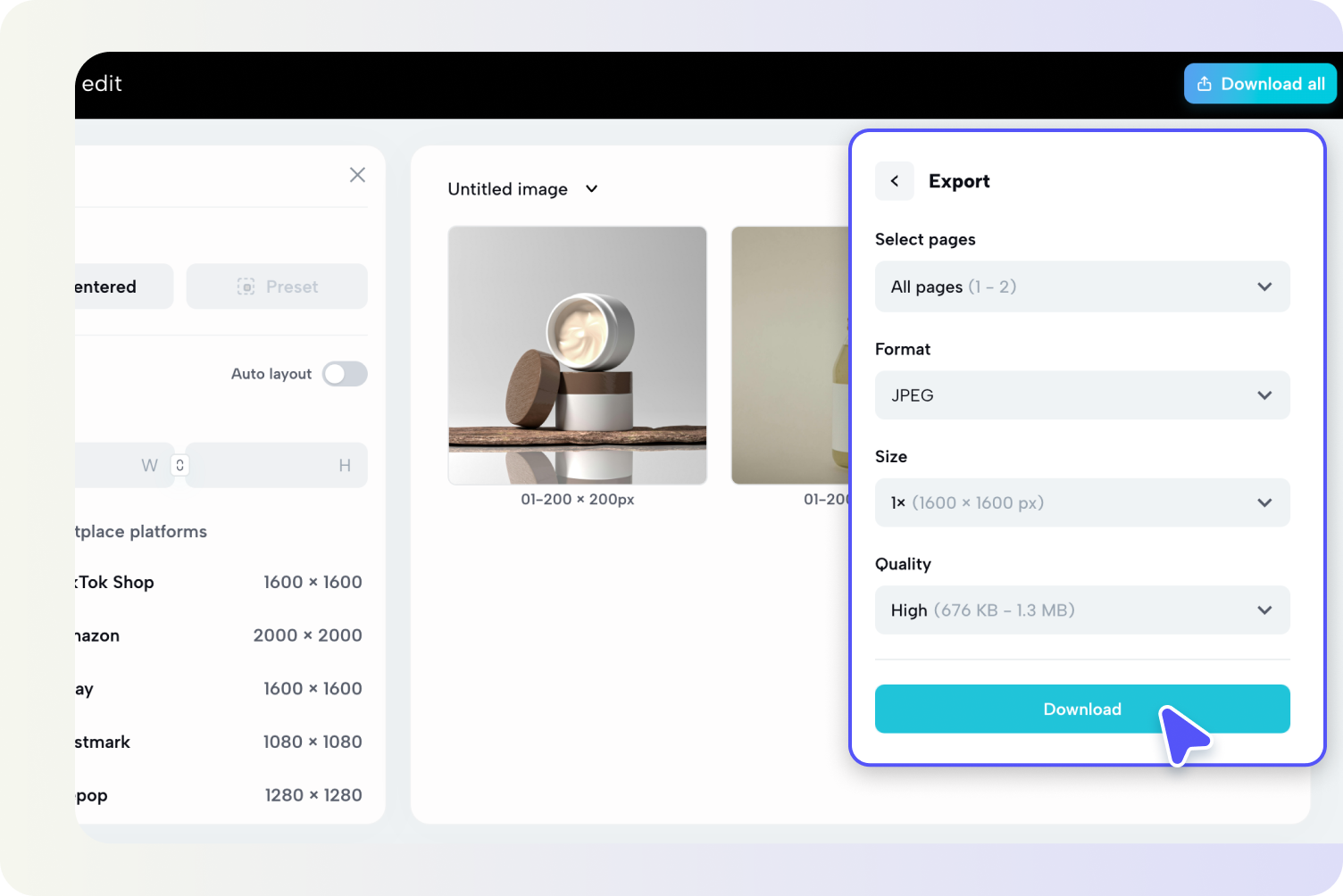Select size options and download
