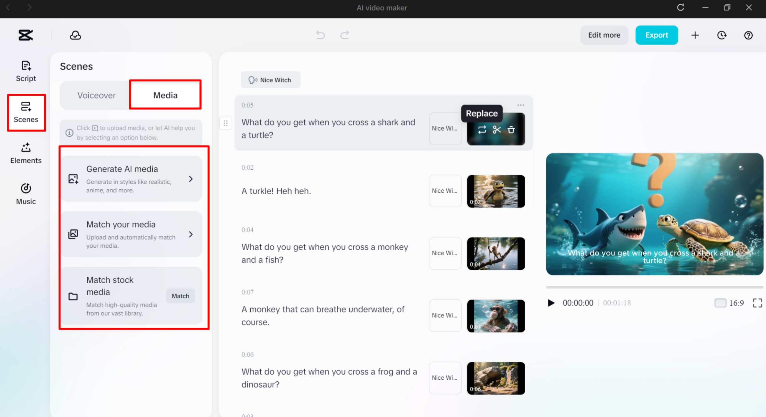 Replacing the media in CapCut's AI video maker