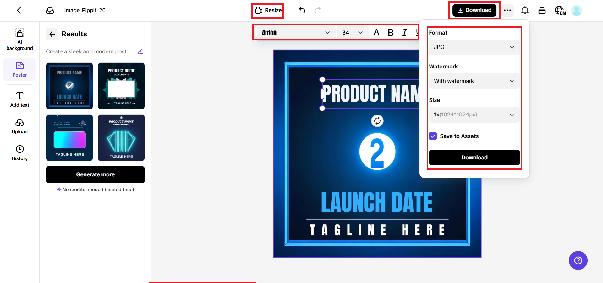 Select, edit text, and download your poster