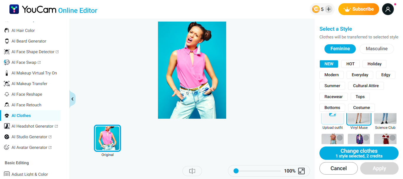 The interface of YouCam - a popular tool for editing clothes in a photo online for free