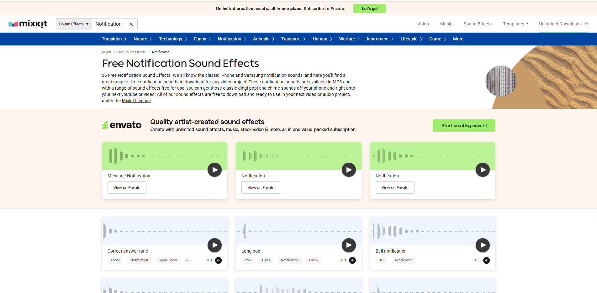 Interface of Mixkit - another site to get free notification sound effects