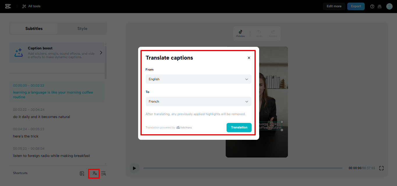 Translating subtitles in CapCut Web