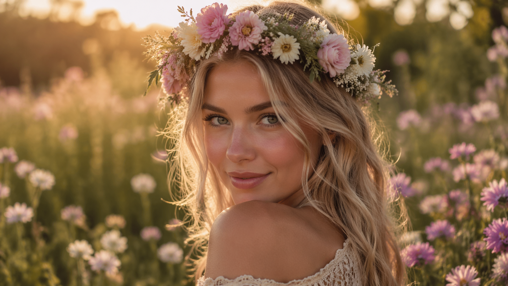 Dreamina fügt Blumen zur Fotoaufforderung hinzu Beispiel 1: Blumenkronen-Porträt