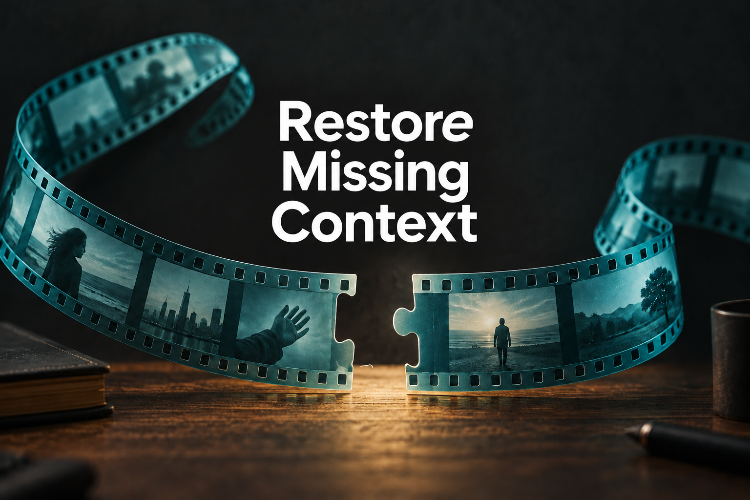 A turquoise film strip surrounds the words Restore Missing Context