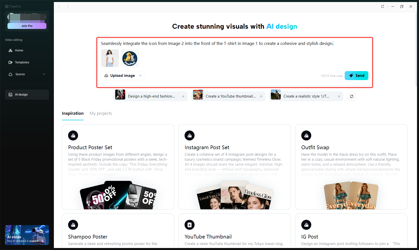 Accessing the AI design feature in CapCut