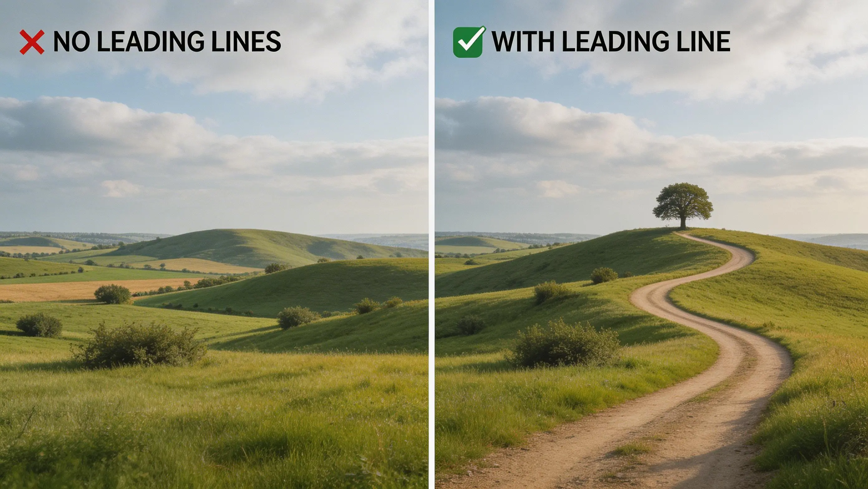 Landscape comparison with and without leading lines