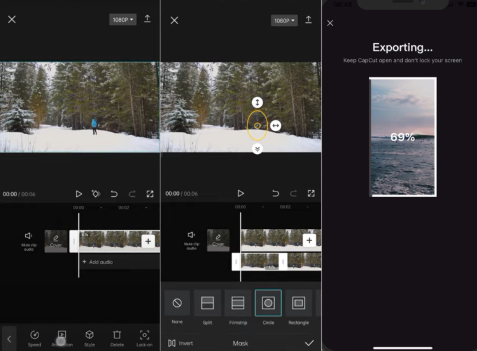 Mobile editing steps for selecting a clip, adjusting a subject mask, and tracking export progress
