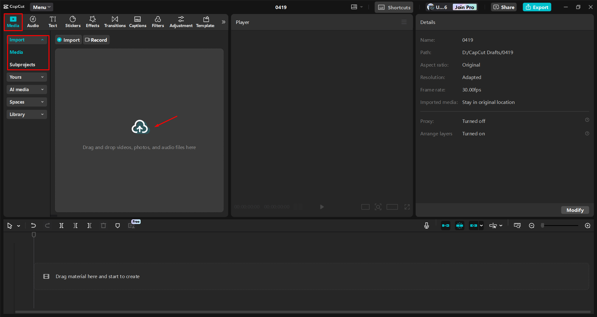 Mengimport imej ke dalam editor video desktop CapCut