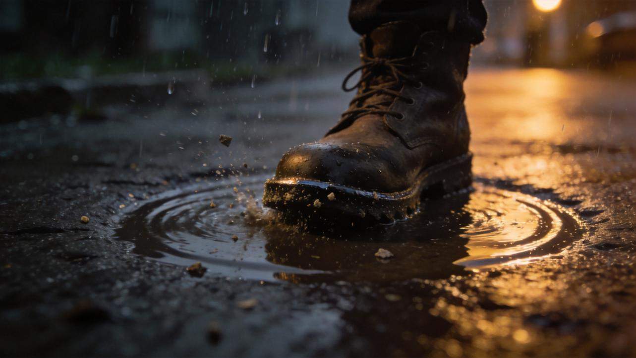 Boot stepping into a puddle, sending up water droplets and ripples