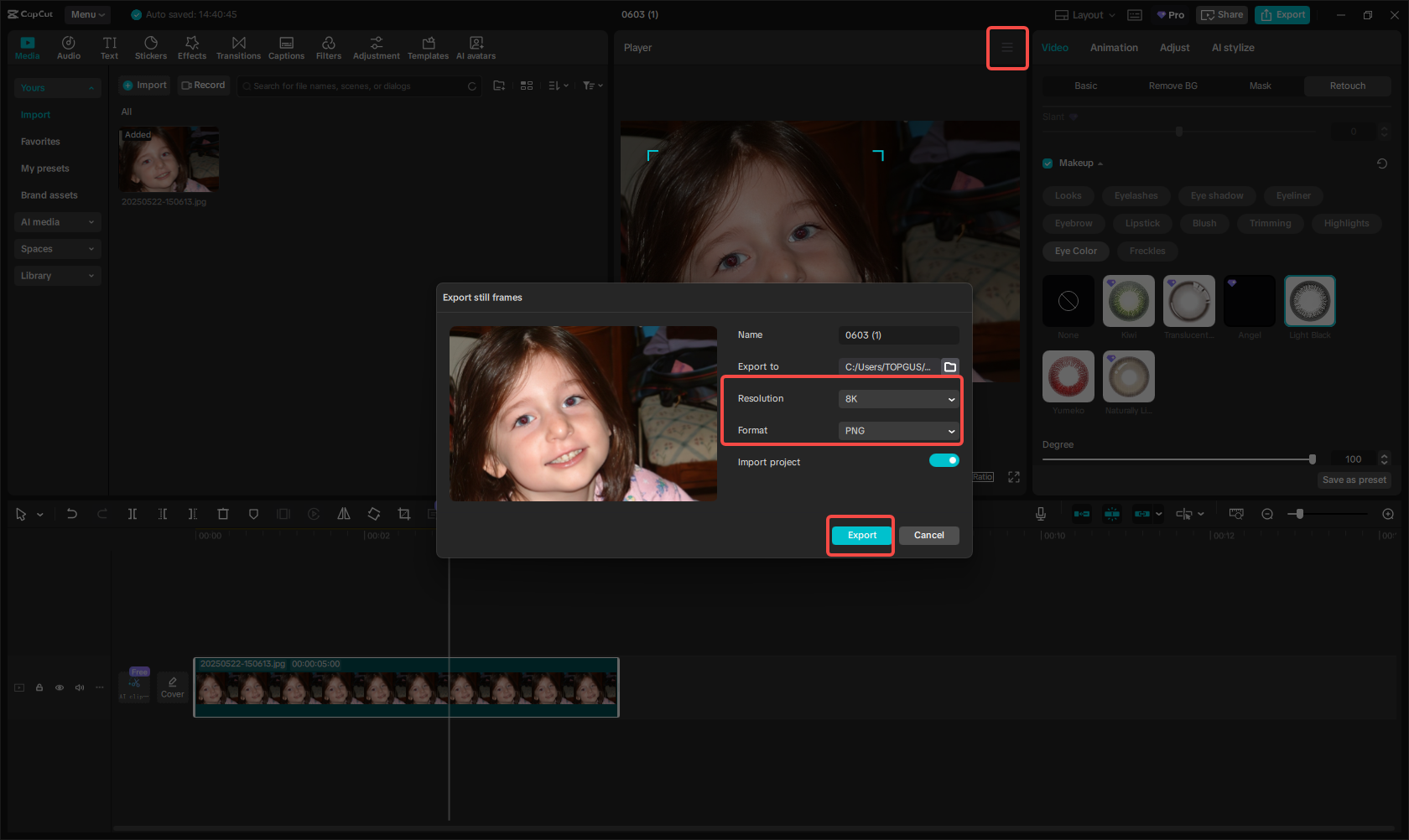 Exporting the photo/video in CapCut