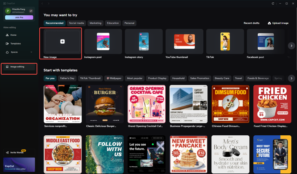 Accessing the Image editing option in CapCut
