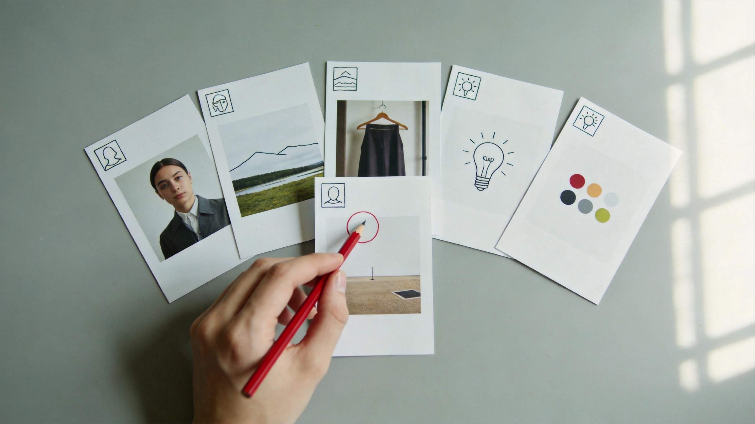 Hand arranging reference photo cards with portraits, landscape, clothing, light bulb, and color swatches