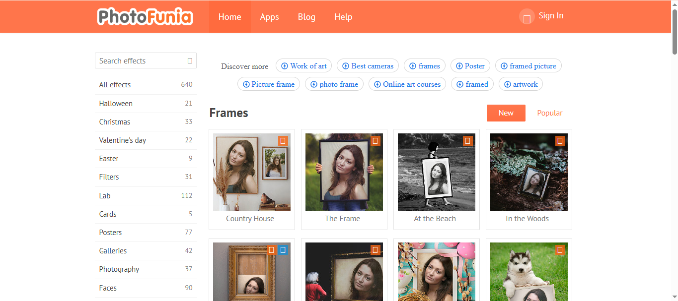 Interface of PotoFunia - an advanced platform to get stylish frames for photo editing
