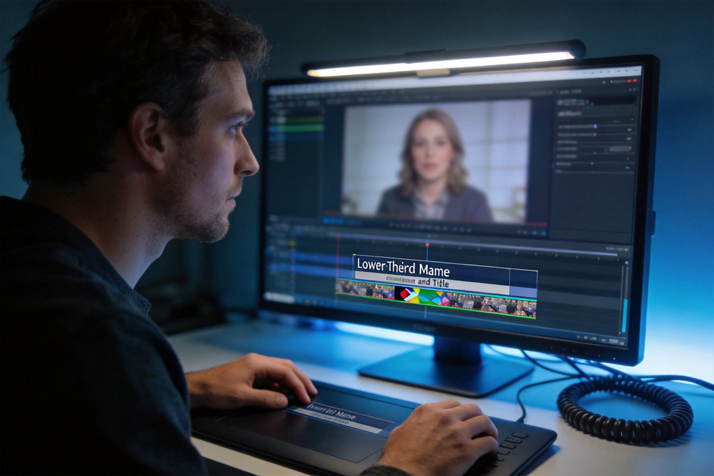 Man editing a video on a desktop monitor with a lower-third title overlay and blurred presenter preview