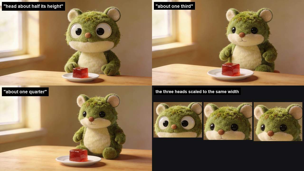 Three versions of the same small green felted creature at a table with a cube of red jelly, with progressively smaller heads and eyes, and a fourth panel showing the three heads scaled to the same width side by side.