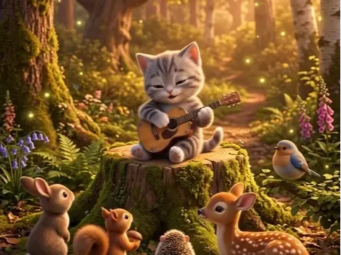 Kitten plays guitar on a stump while rabbits, a squirrel, a fawn, and a bird listen in a forest clearing