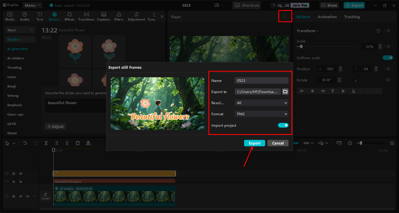 Exporting the final image from the CapCut desktop video editor